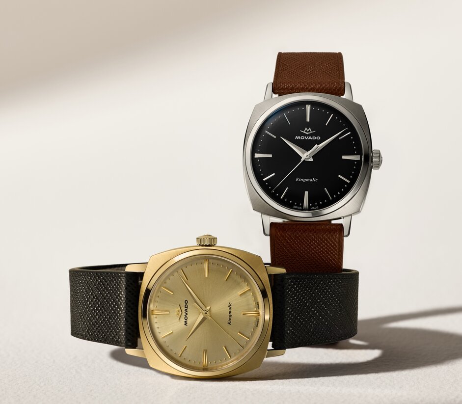 Heritage Kingamtic watch with black strap and square gold tone dial and brown strap with black square dial.