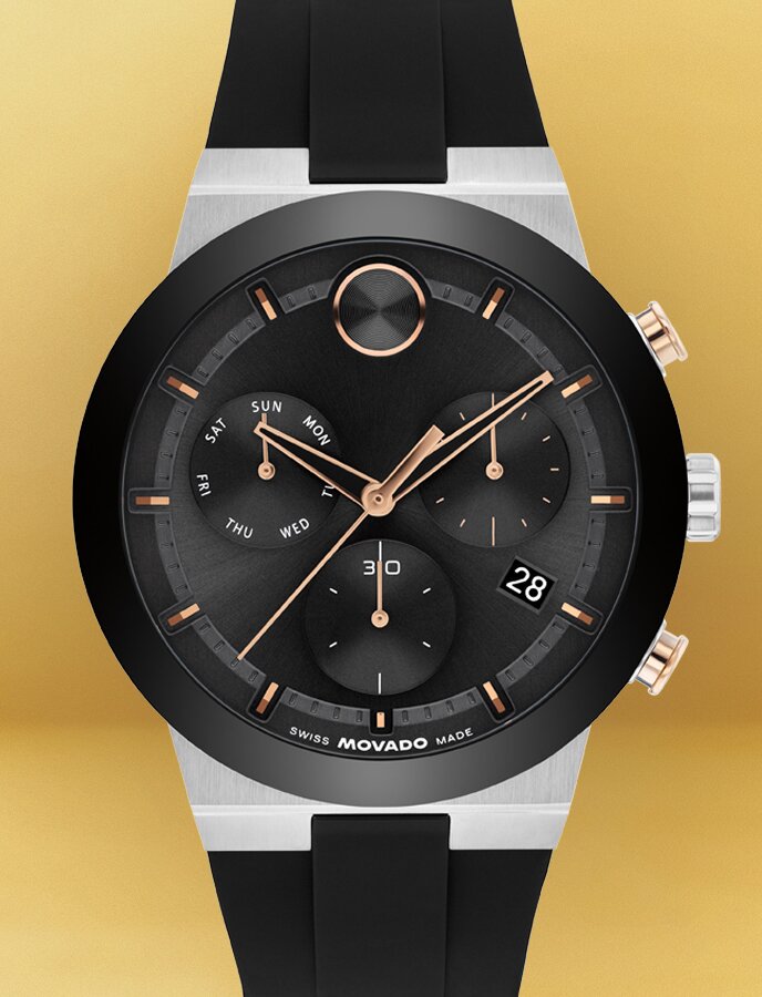 BOLD Fusion watch with black rubber strap and black chronograph dial.