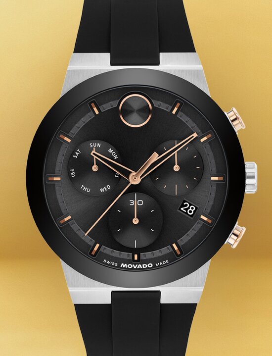 BOLD Fusion watch with black rubber strap and black chronograph dial.