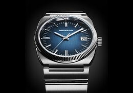 Heritage Ondoplan watch with stainless steel bracelet and blue dial.