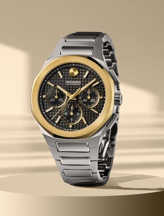 Alta Centurion Chronograph watch with stainless steel bracelet and grey dial with gold accents.