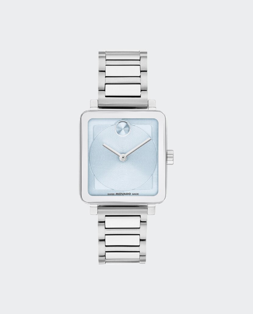 BOLD Evolution 2.0 watch with silver bracelet and square blue dial.