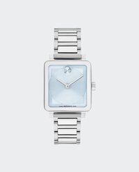 BOLD Evolution 2.0 watch with silver bracelet and square blue dial.