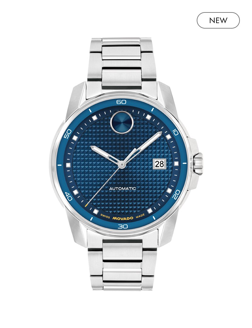 BOLD Verso Automatic  stainless steel bracelet watch with blue dial and "new" badge in the top right corner.