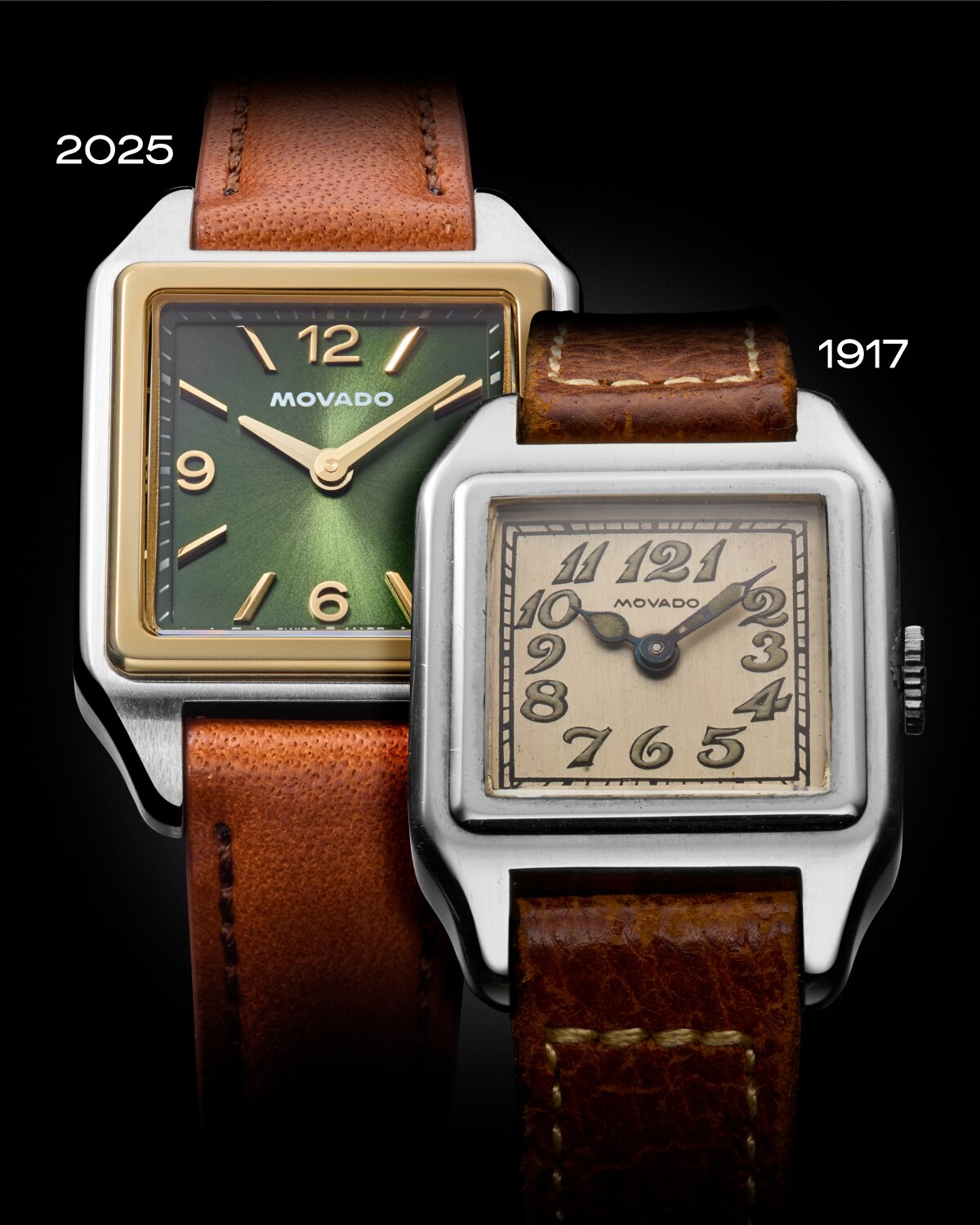 Heritage 1917 watch from 1917 with dark brown leather strap and taupe square dial in front of the 2025 Heritage 1917 watch with brown strap and green square dial.