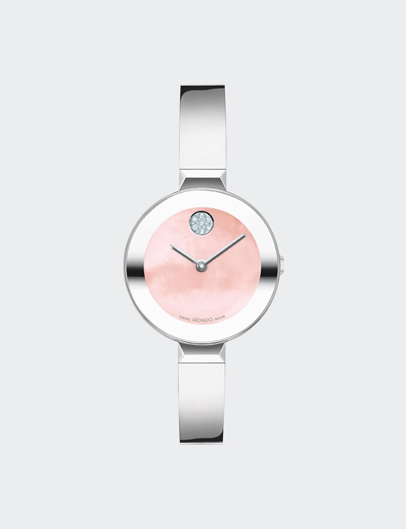 Stainless BOLD Bangle watch with pink mother of pearl dial.