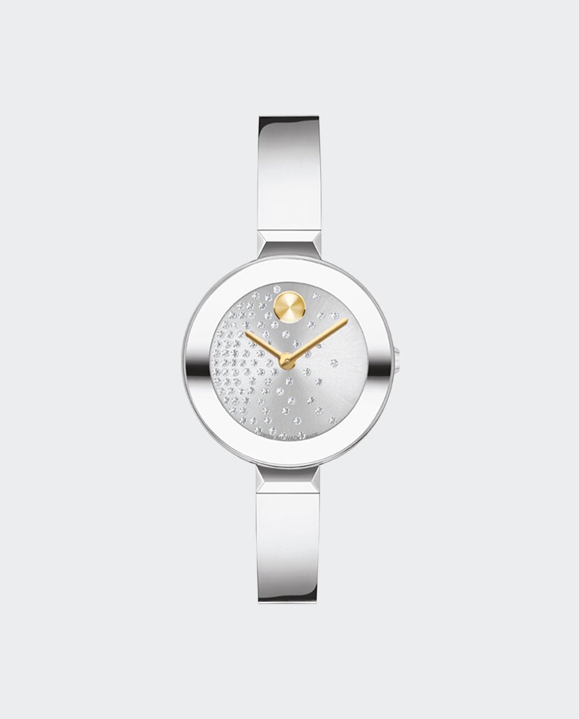 Silver BOLD Bangle watch with cascading crystals on the dial and bracelet.