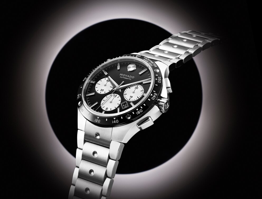 Alta SE Chronograph watch with stainless steel bracelet and black dial with white sub dials.