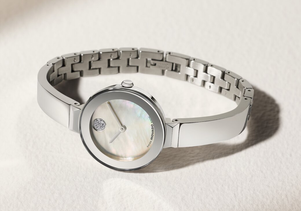 Stainless Steel BOLD Bangle watch with grey mother of pearl dial with crystal dot.