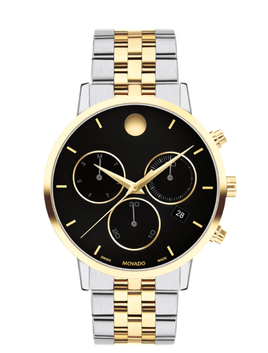 Museum Classic Chronograph watch with two tone bracelet and black dial with gold accents.