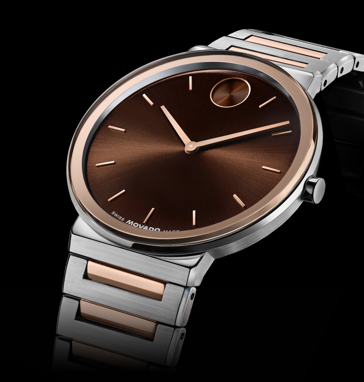 Movado BOLD Horizon watch with rose gold and stainless steel bracelet and brown dial.