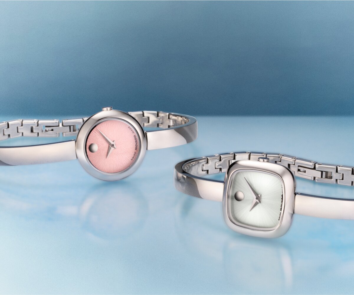 Gold tone Museum Bangle with a circle dial, next to a, Gold tone Museum Bangle with a square dial, next to a, Gold tone Museum Bangle with an oval dial.