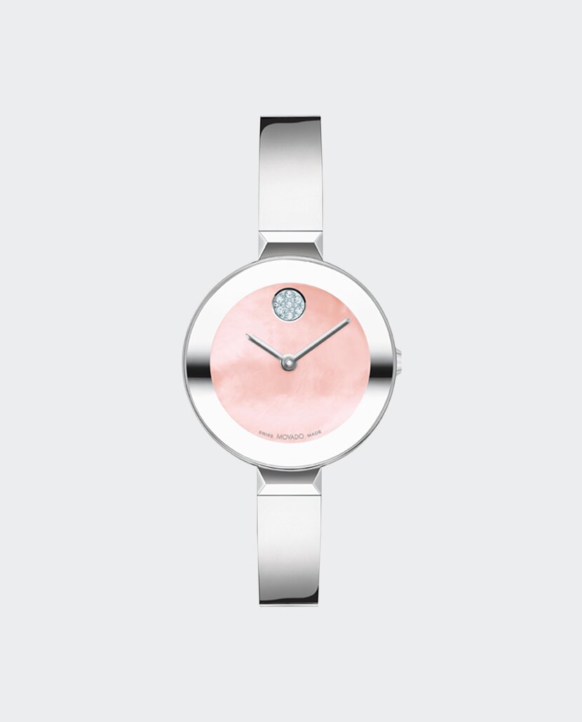 Silver BOLD Bangle watch with pink mother of pearl dial with crystal set dot.