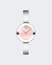 Silver BOLD Bangle watch with pink mother of pearl dial with crystal set dot.