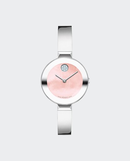 Silver BOLD Bangle watch with pink mother of pearl dial with crystal set dot.