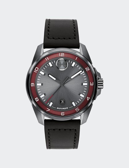 BOLD Verso S watch with black strap, grey dial and red hour track.