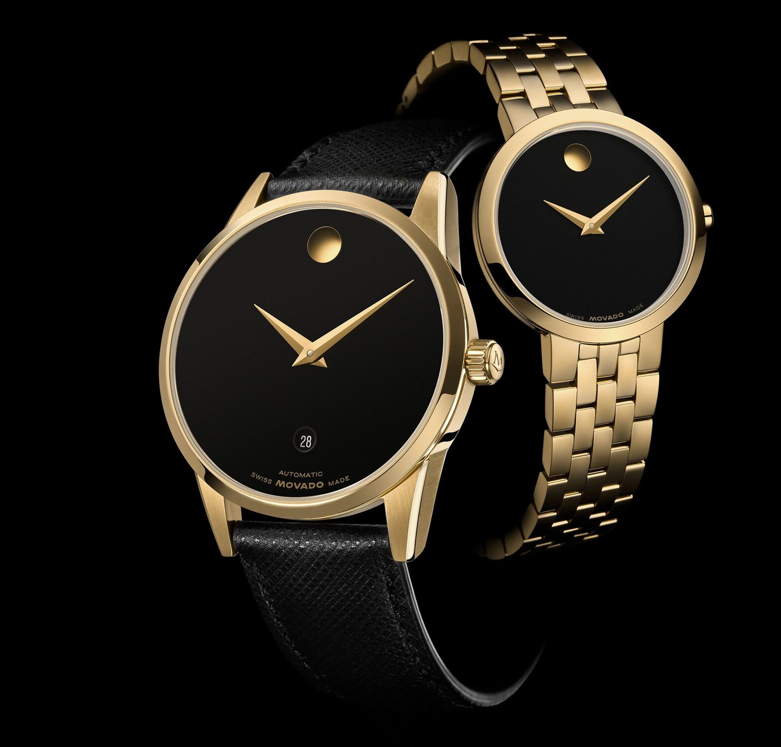 Black Museum Classic Automatic watch with leather strap intertwined with the women's gold tone Museum Classic bracelet watch with black dial.