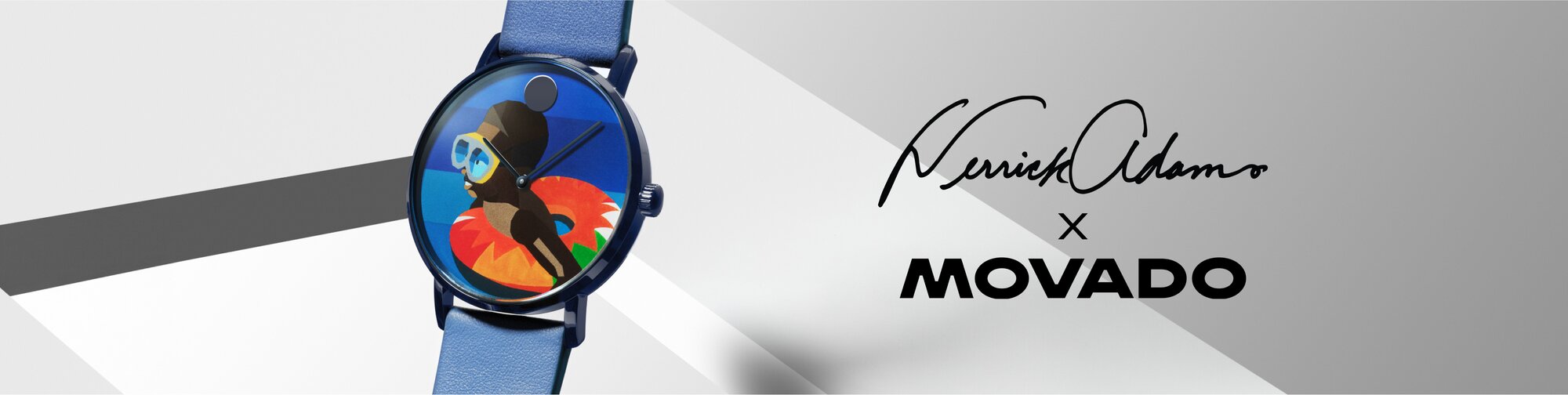 Blue Derrick Adams watch next to Derrick Adams signature and Movado logo