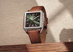 Heritage 1917 watch with brown leather strap and green square dial