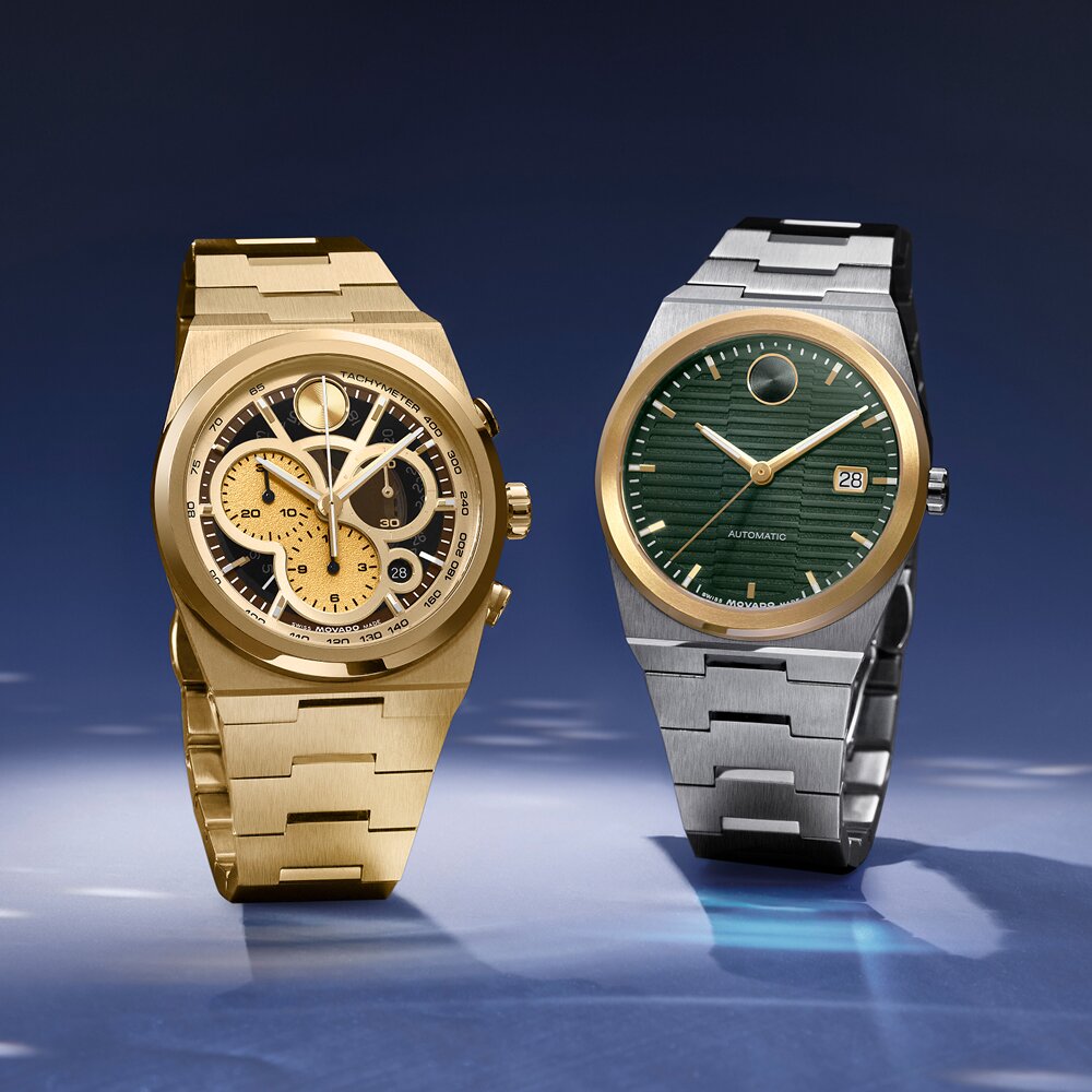 Gold tone BOLD Quest bracelet watch with skeleton dial and BOLD Quest Automatic watch with stainless steel bracelet and green dial.
