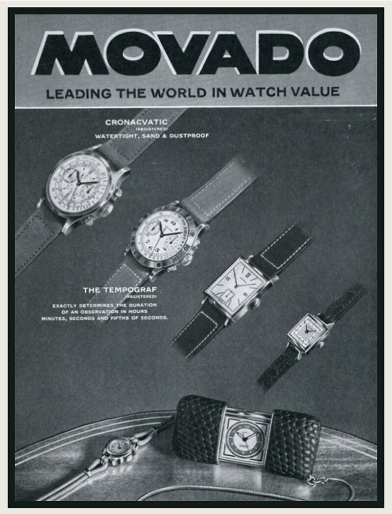 Black and white Movado Heritage series watch add from 1939 that features 5 Heritage Series watches.