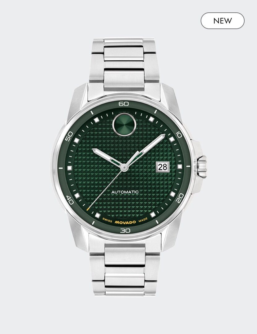 BOLD Verso Automatic  stainless steel bracelet watch with green dial and "new" badge in the top right corner.