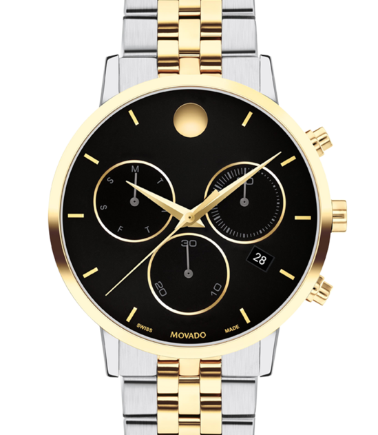 Two tone Museum Classic Chronograph bracelet watch with black dial.