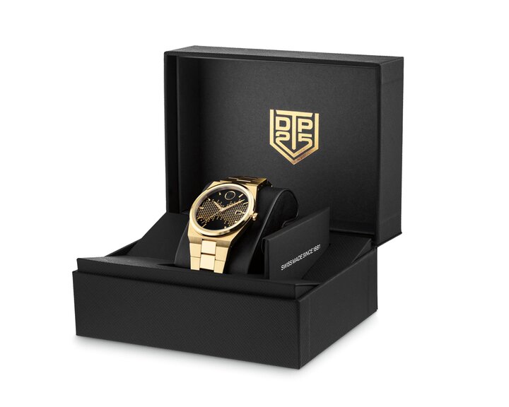 Men's silver Museum Imperiale bracelet watch with gold accents next to a women's gold tone Museum Imperiale bracelet watch with champagne dial.