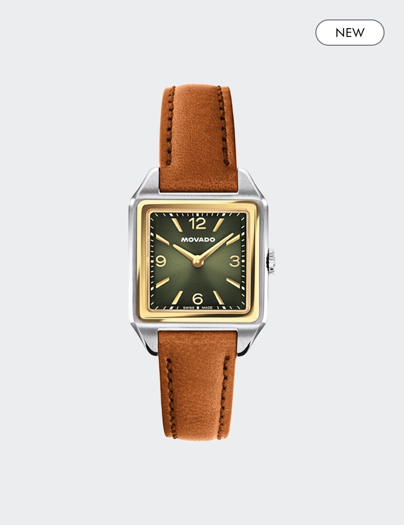 Heritage 1917 watch with brown strap and green square dial and "new" badge in the top right corner.