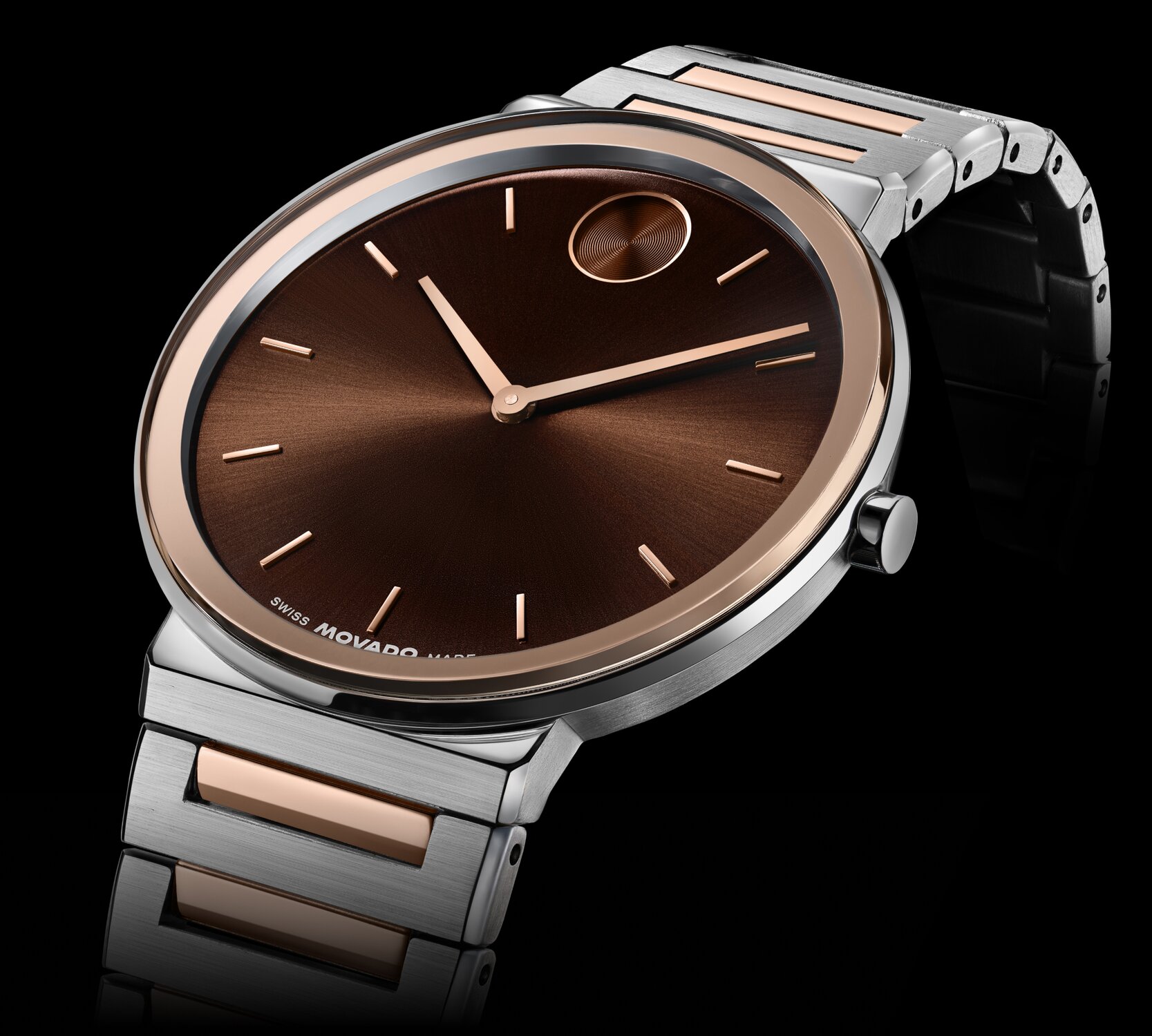 Movado BOLD Horizon watch with rose gold and stainless steel bracelet and brown dial.