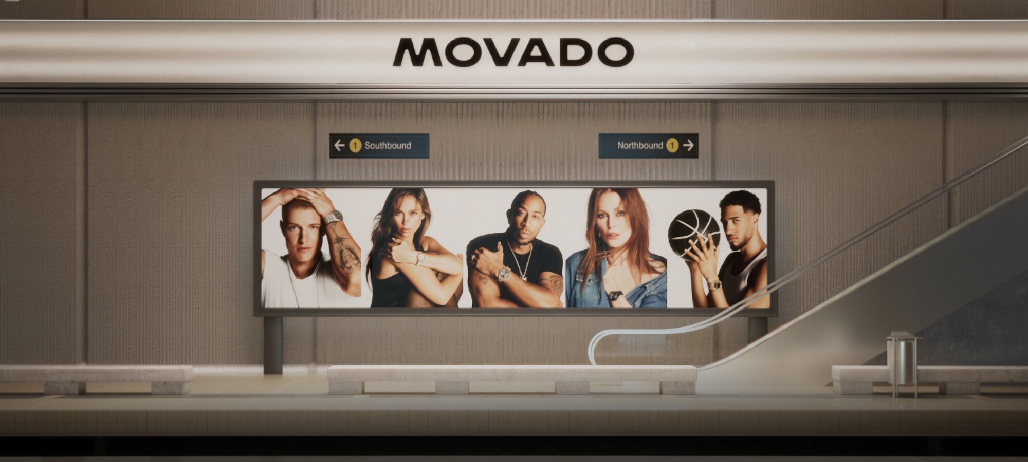 Movado Ambassadors on a train station advertisement 