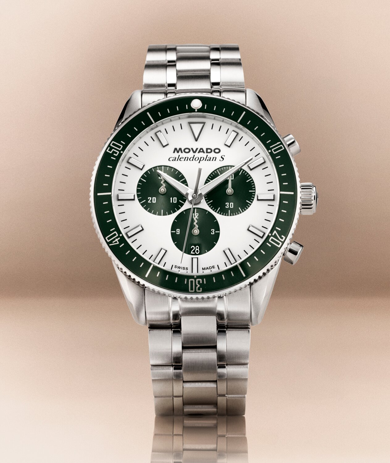 Heritage Series Calendoplan S watch with silver bracelet and white dial with green chronograph sub dials. 