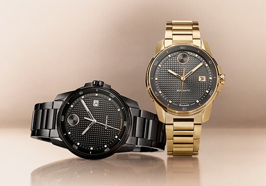 Black plated BOLD Verso bracelet watch next to a gold tone BOLD Verso bracelet watch