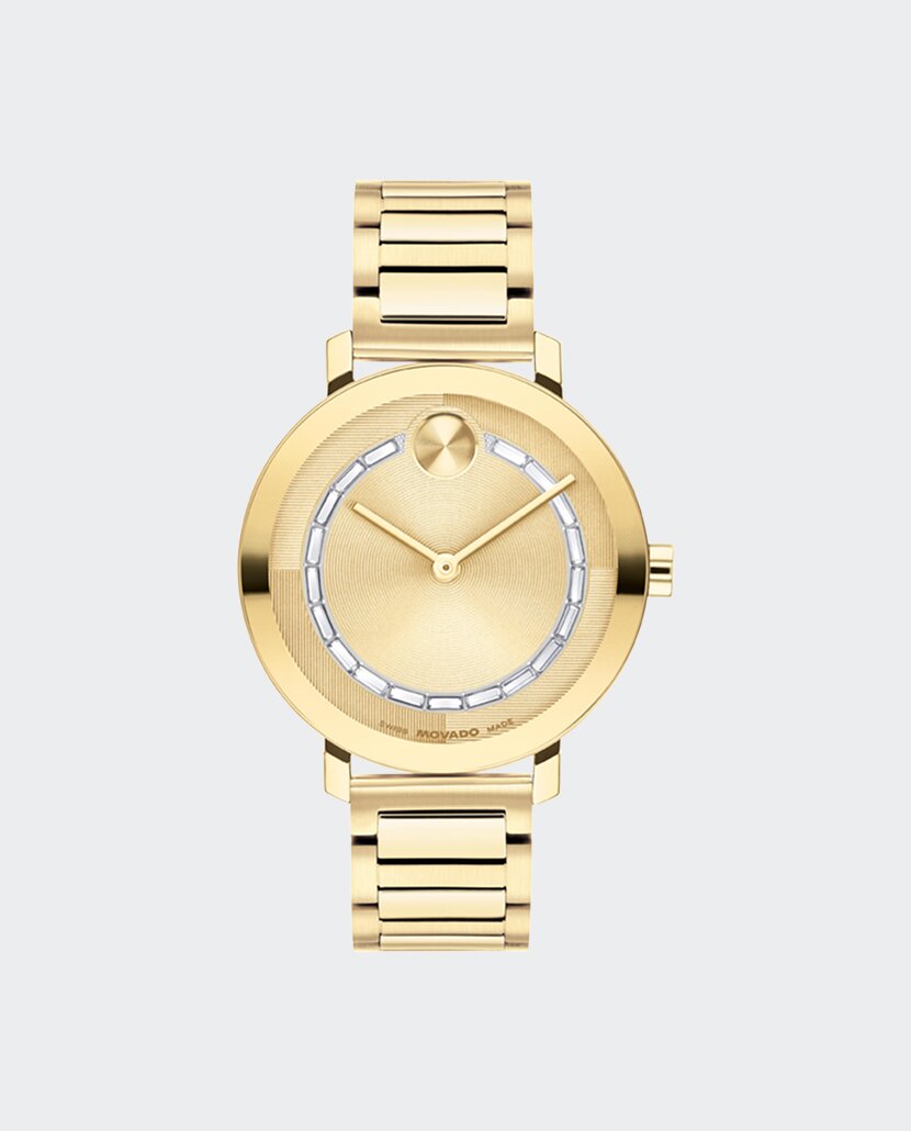 Gold tone BOLD Evolution 2.0 watch crystals baguette crystals on the dial.