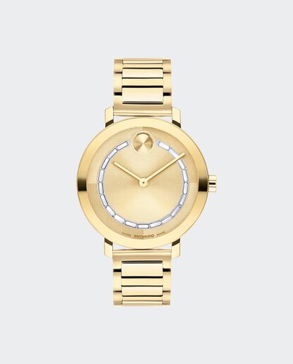Gold tone BOLD Evolution 2.0 watch crystals baguette crystals on the dial.