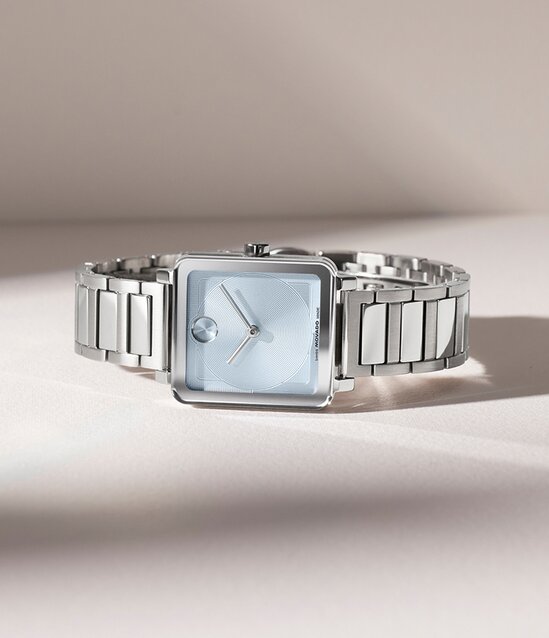 BOLD Evolution 2.0 watch with stainless steel bracelet and blue square dial.