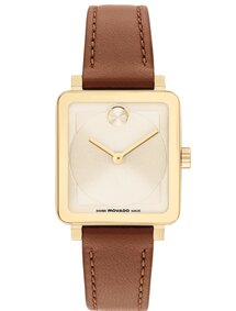 BOLD Evolution 2.0 watch with brown leather strap and beige square dial.