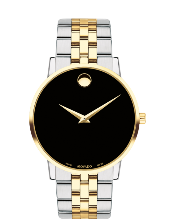 Museum Classic watch with two tone bracelet and black dial with gold accents.