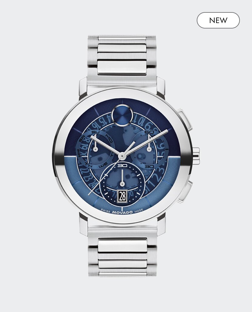 BOLD Evolution 2.0 chronograph watch with silver bracelet and blue skeleton dial.