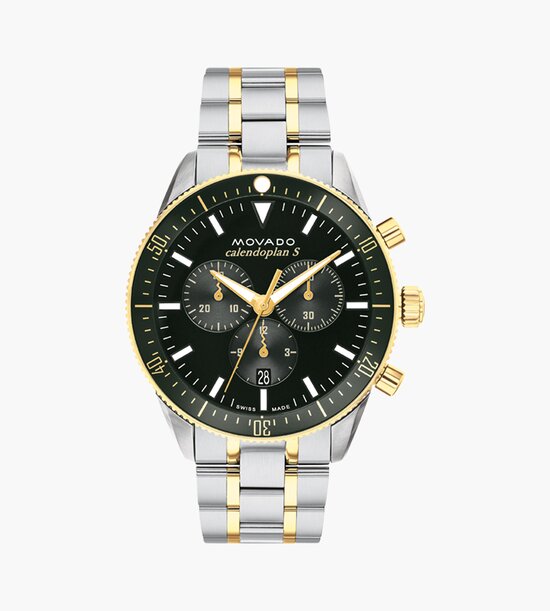 Calednoplan S watch with two tone bracelet and green chronograph dial