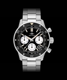 Alta Super Sub Sea Chronograph watch with stainless steel bracelet and black dial.