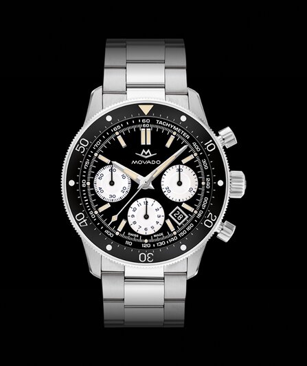 Alta Super Sub Sea Chronograph watch with stainless steel bracelet and black dial.