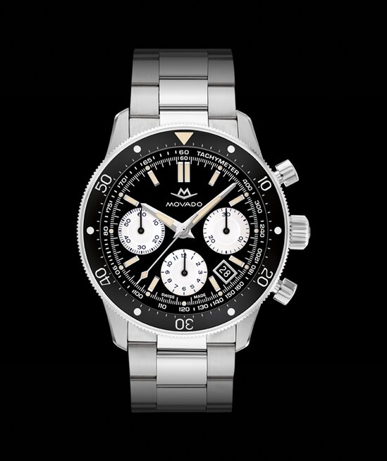 Alta Super Sub Sea Chronograph watch with stainless steel bracelet and black dial.