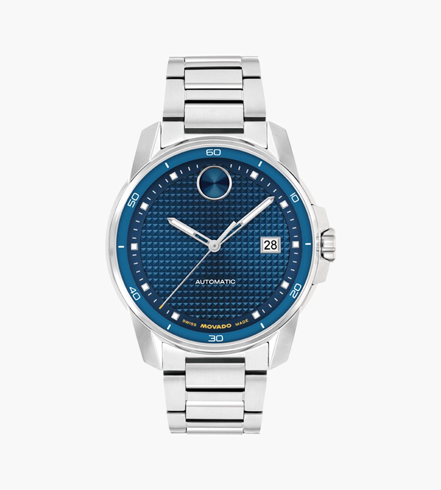 BOLD Verso Automatic watch with silver bracelet and blue dial.