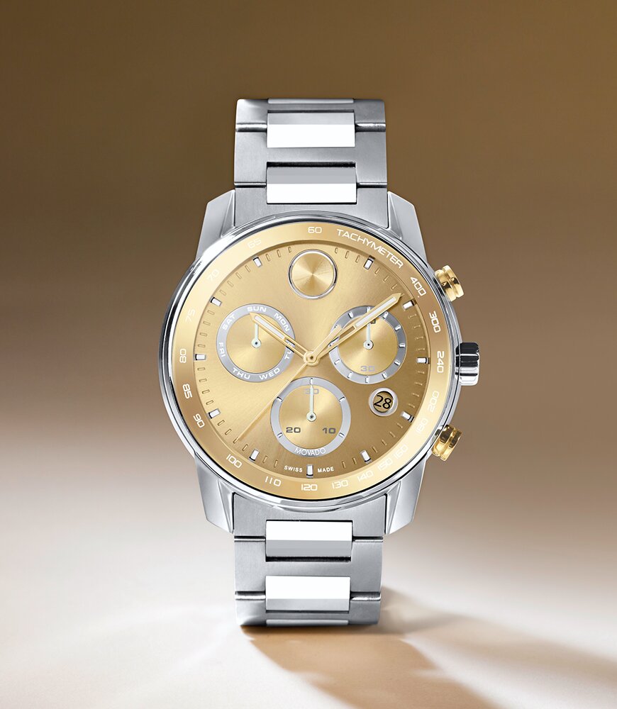 BOLD verso watch with stainless steel bracelet and gold chronograph dial.