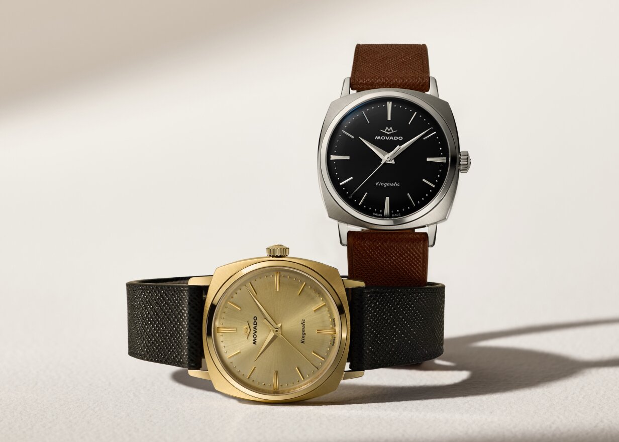 Heritage Kingmatic watch with black strap and gold dial and brown strap and black dial.