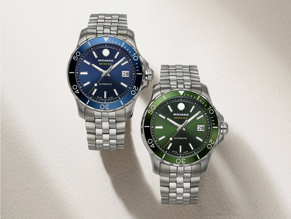 Two Series 800 bracelet watches with blue dial and green dial.