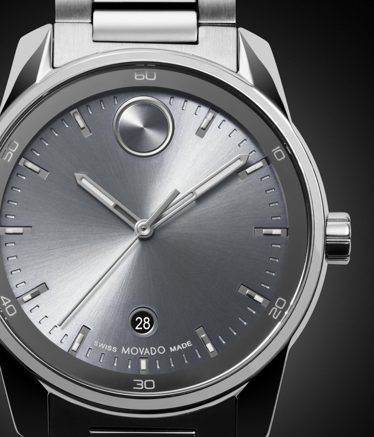 BOLD Verso grey watch dial zoomed in.