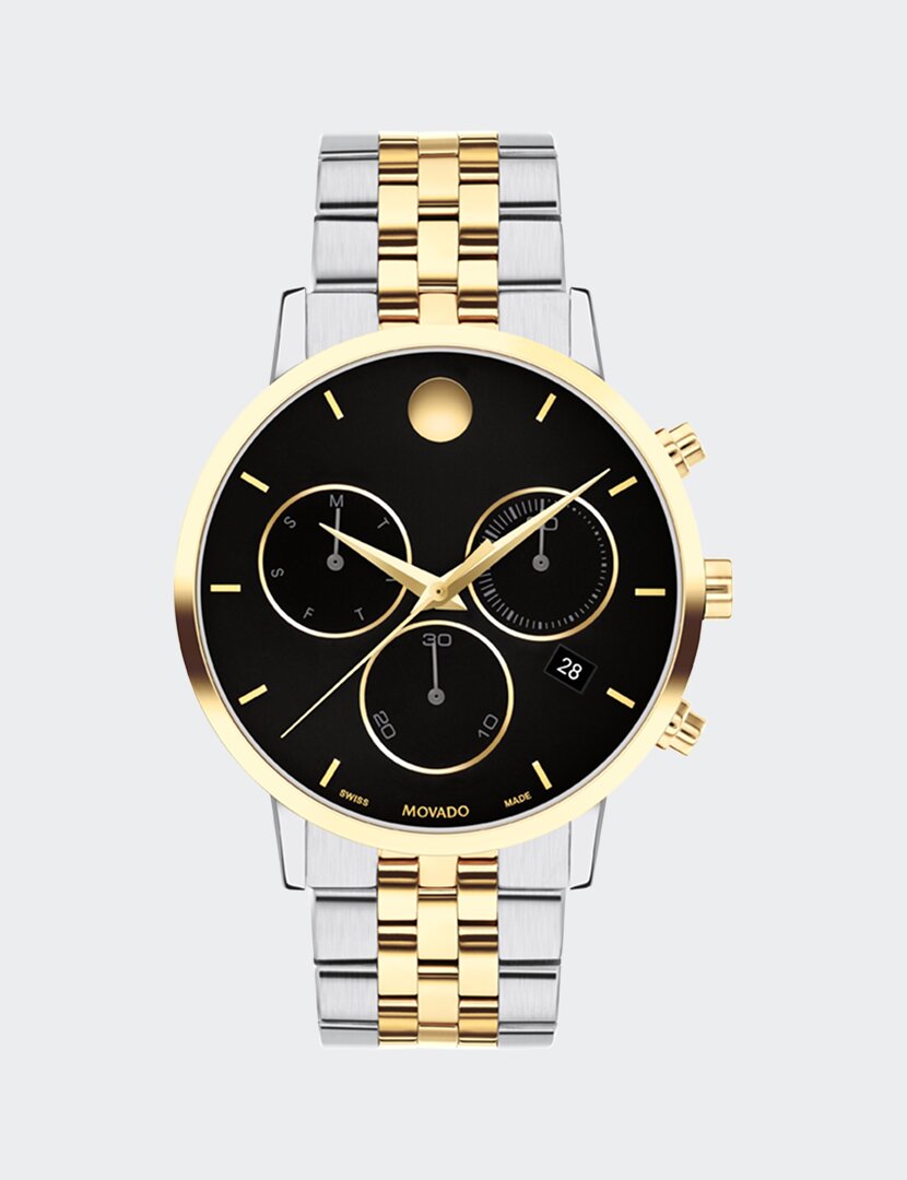 Museum Classic Chronograph watch with two tone bracelet and black chronograph dial.