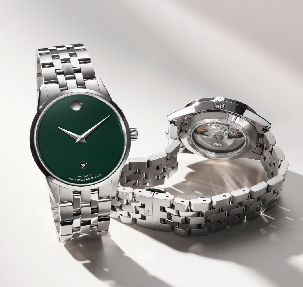 Museum Classic watch with stainless steel bracelet and green dial. View of the back of the watch showcasing the exposed automatic movement.